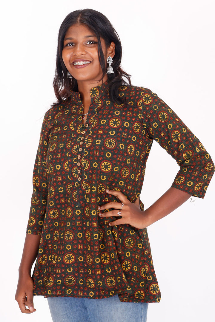 Green Ajrakh Printed Cotton Kurti