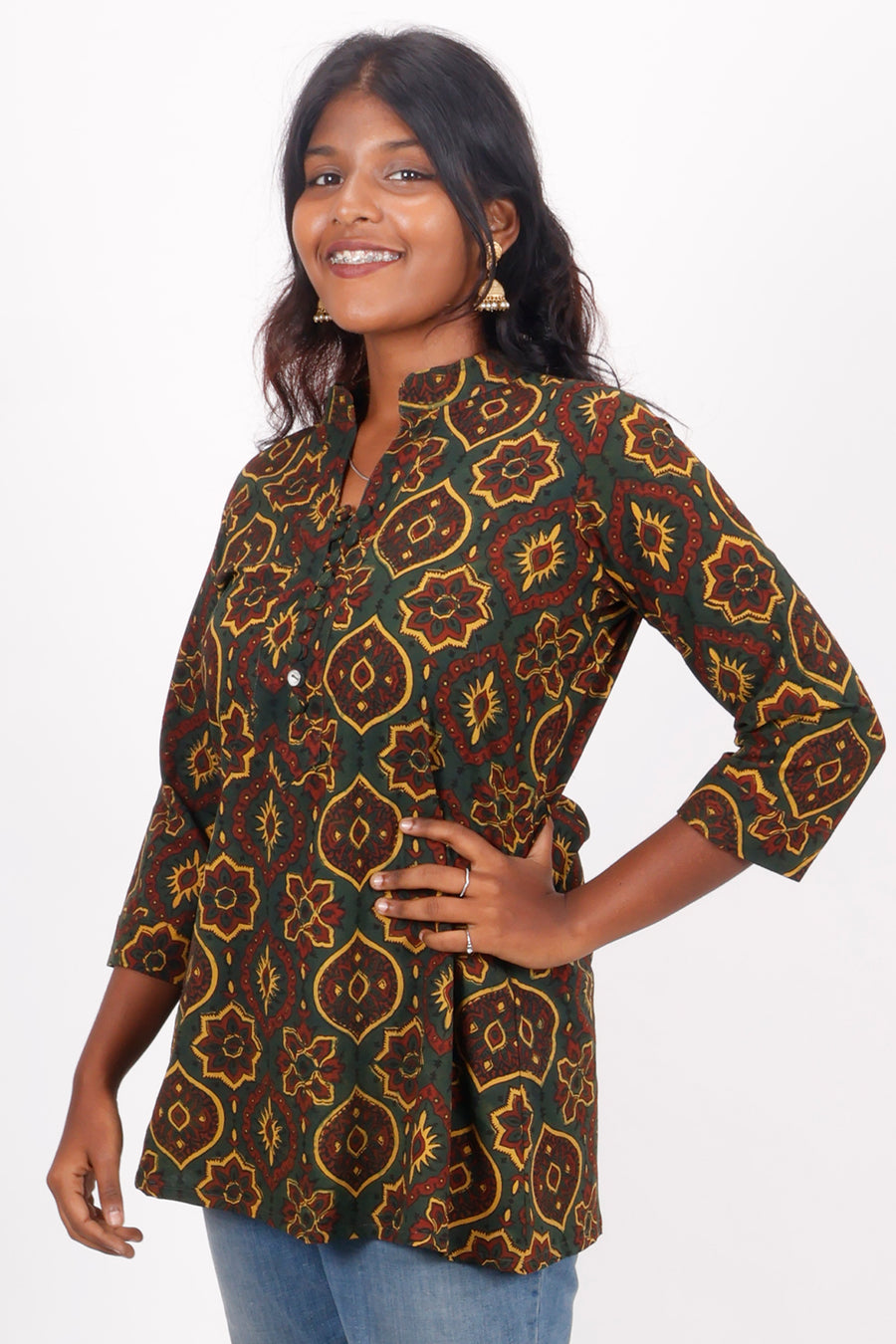 Green Ajrakh Printed Cotton Kurti