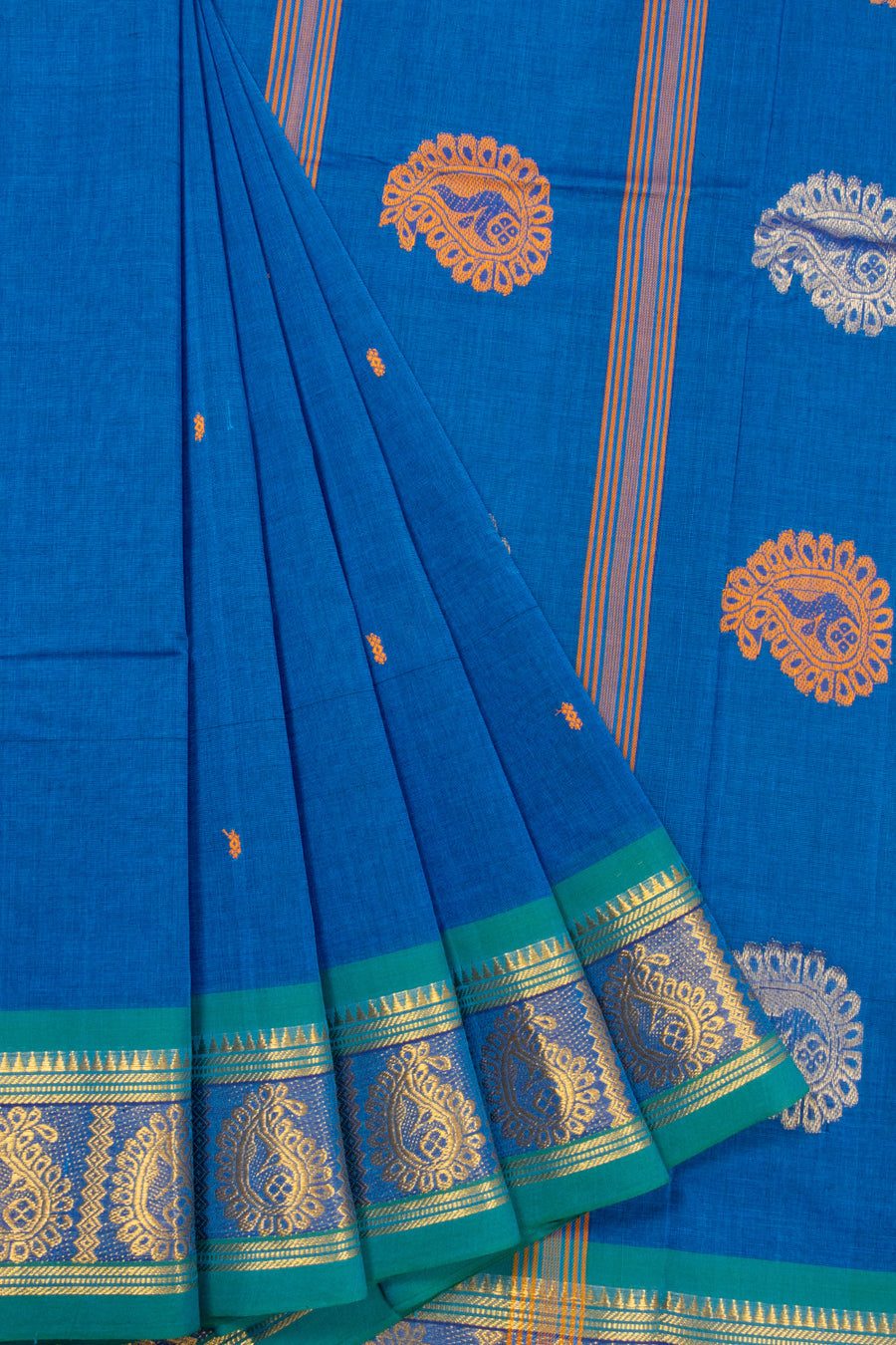 Blue Handloom Chettinad Cotton Saree Without Blouse 10072575