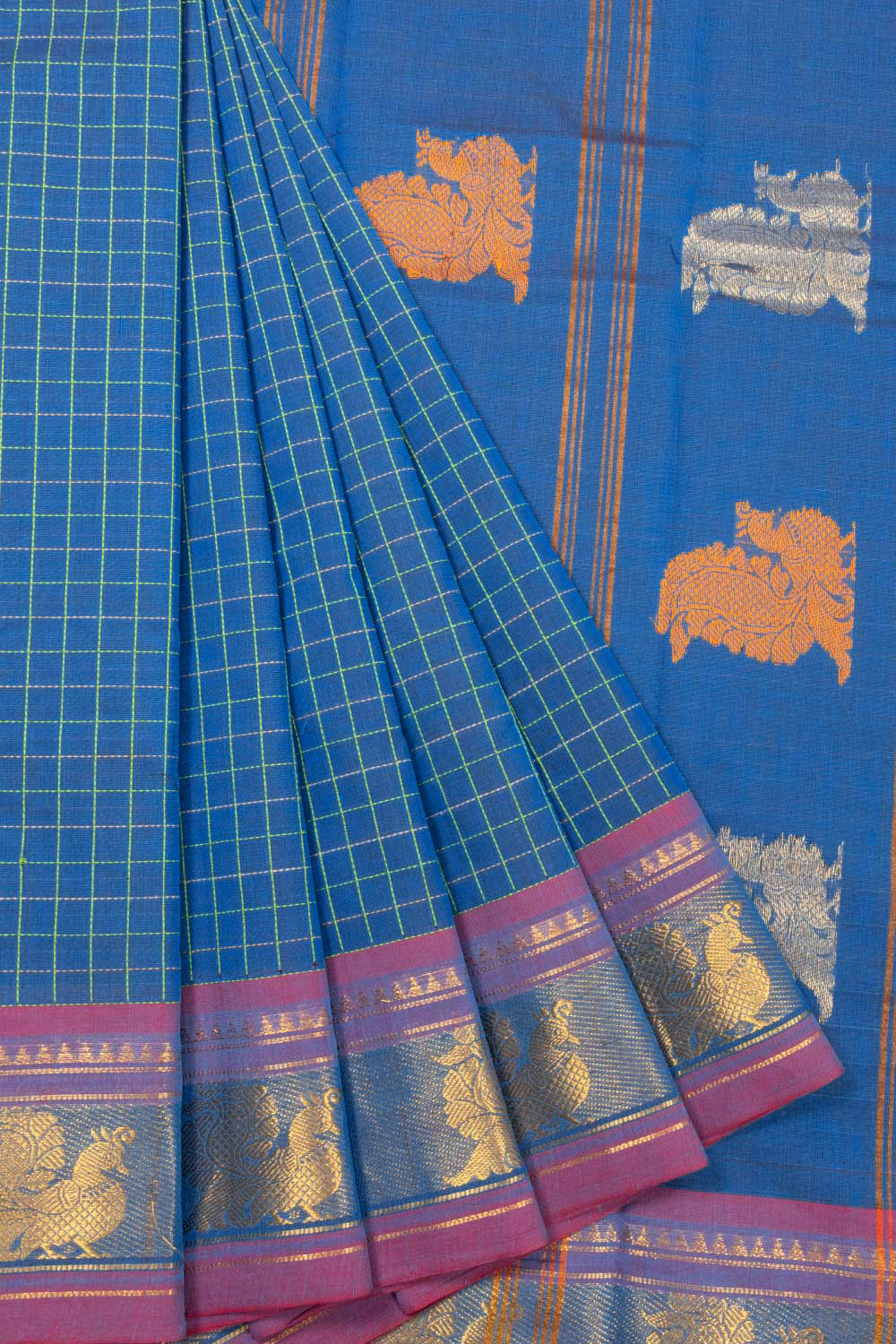 Blue Handloom Chettinad Cotton Saree Without Blouse 10072578