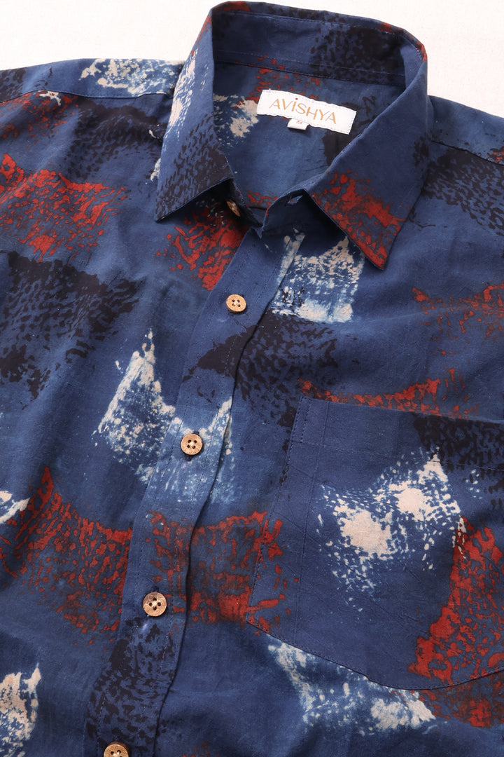 Blue Half Sleeve Ajrakh Printed Cotton Mens Shirt 10072720