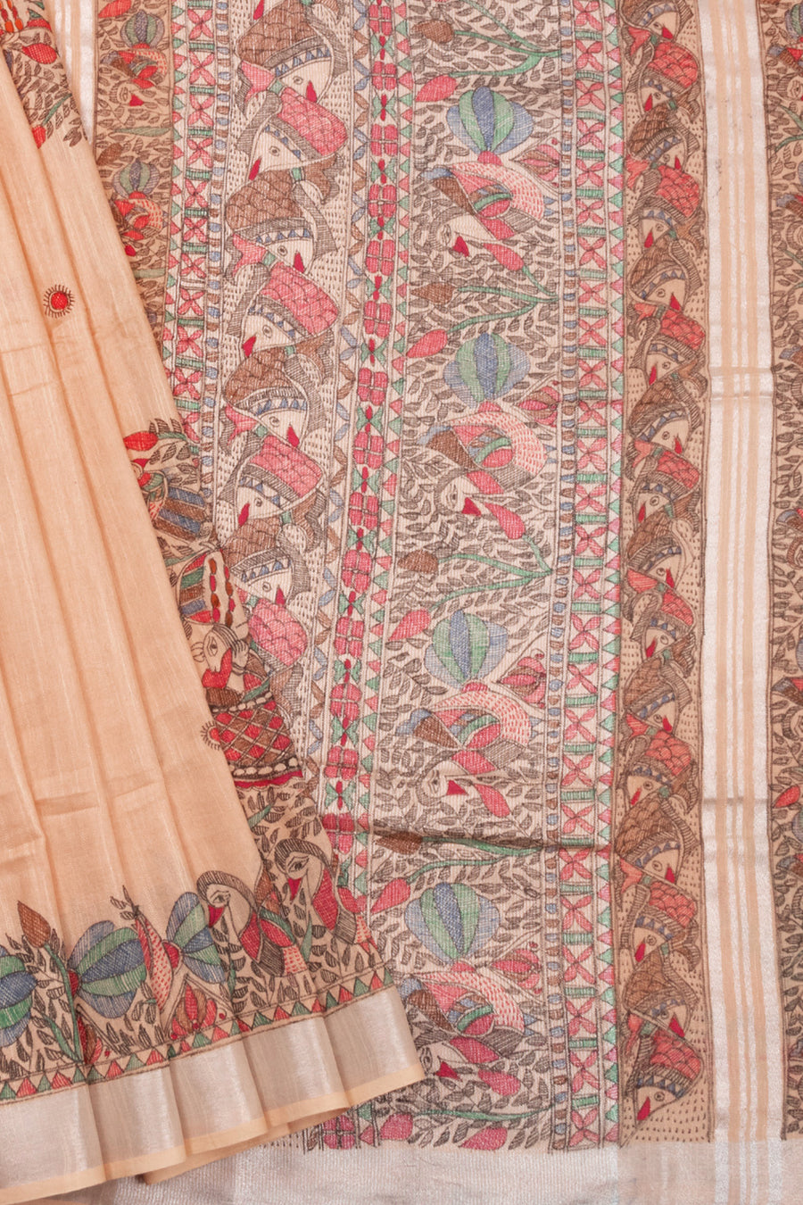 Beige Hand Painted Madhubani Linen Saree 10072725