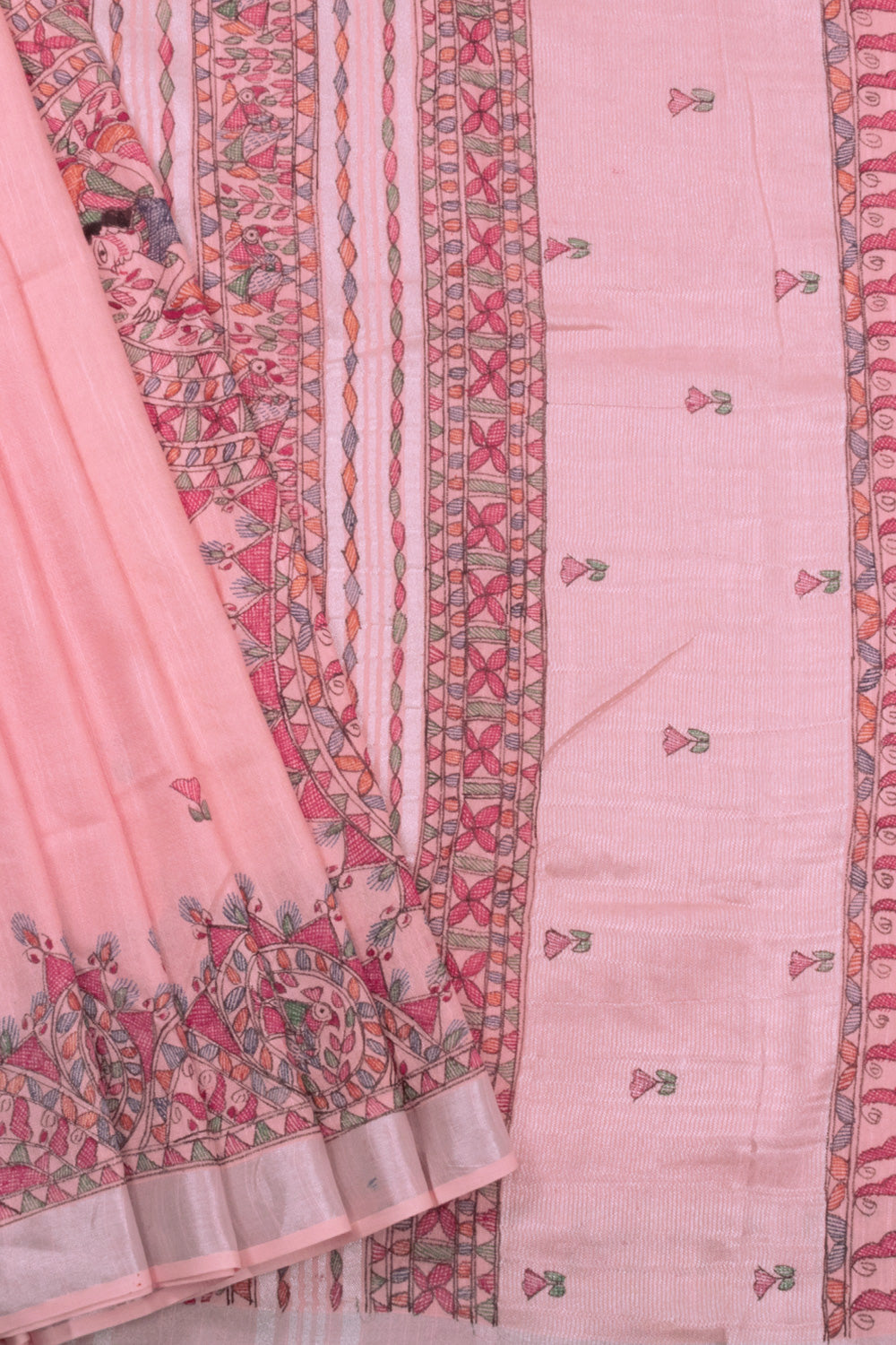 Peach Hand Painted Madhubani Linen Saree 10072726