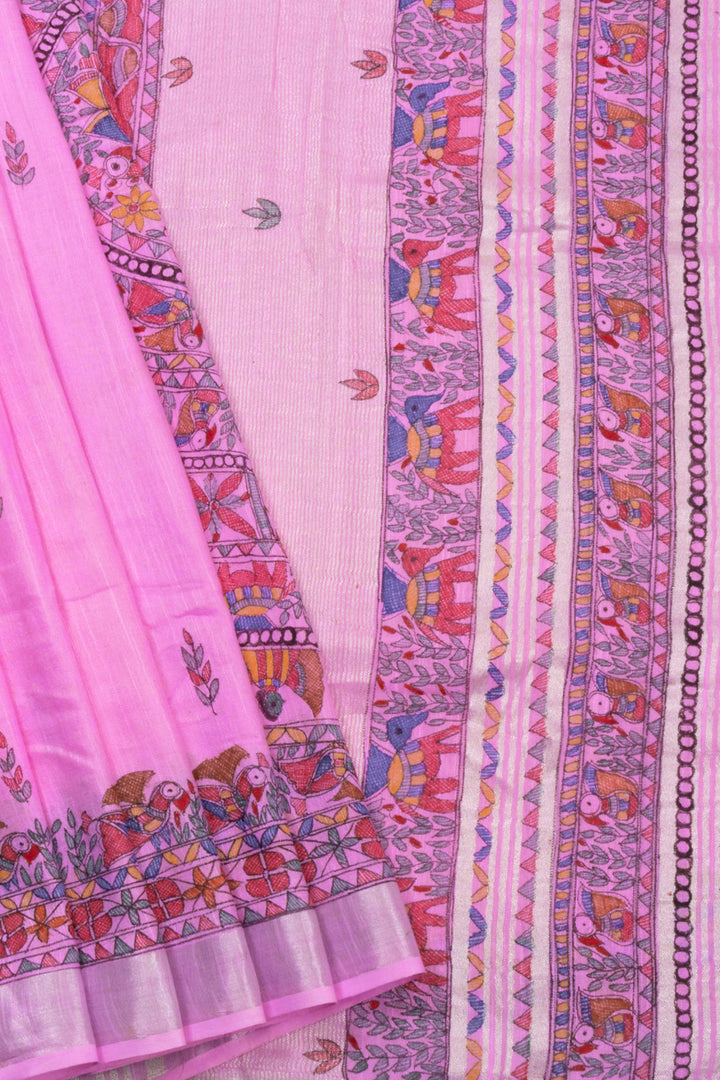 Pink Hand Painted Madhubani Linen Saree 10072727