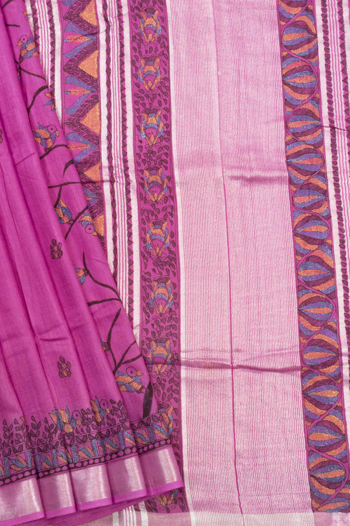 Pink Hand Painted Madhubani Linen Saree 10072728