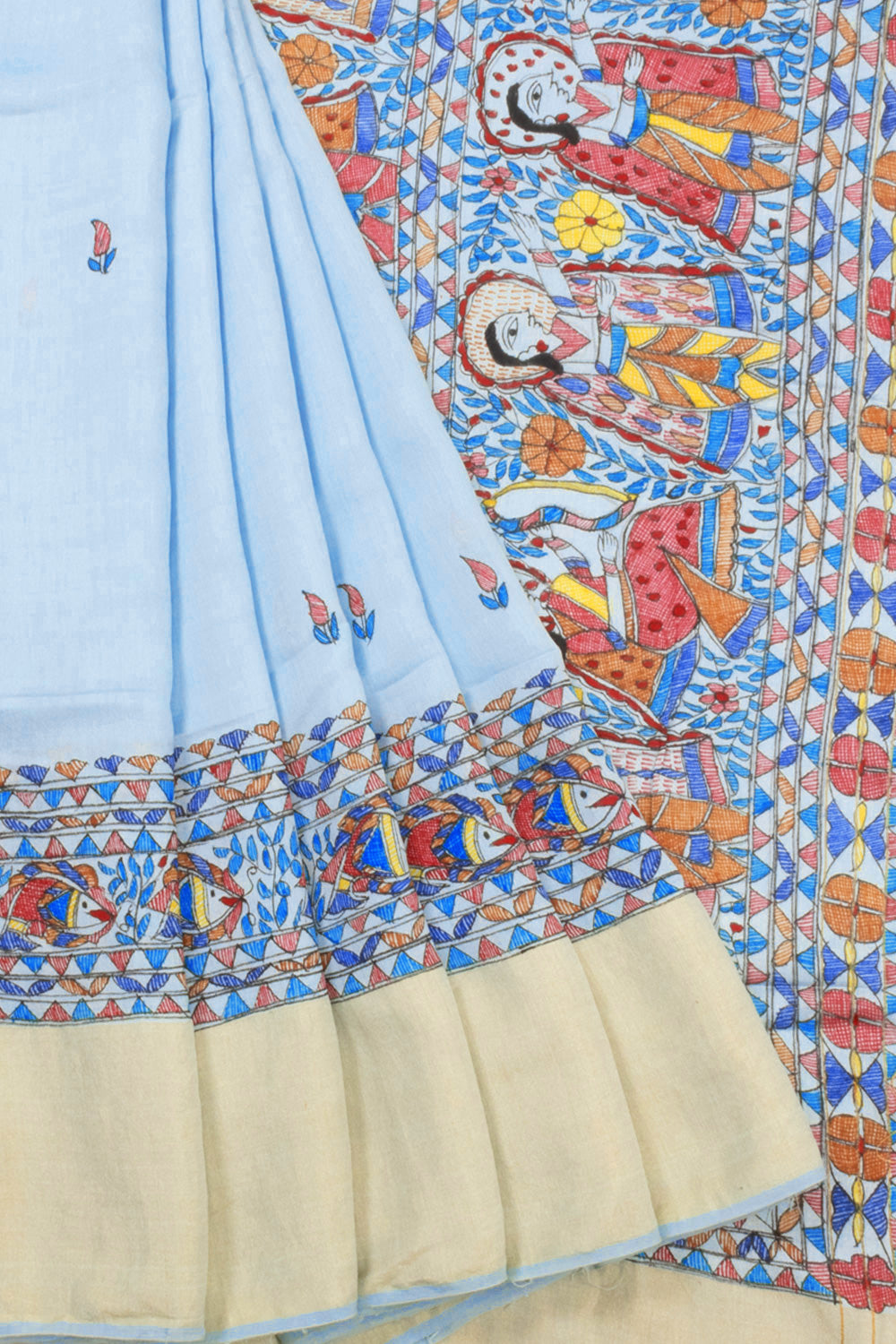 Blue Hand Painted Madhubani Silk Cotton Saree 10072730