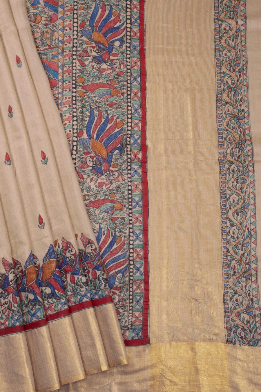 Beige Hand Painted Madhubani Tussar Silk Saree 10072732