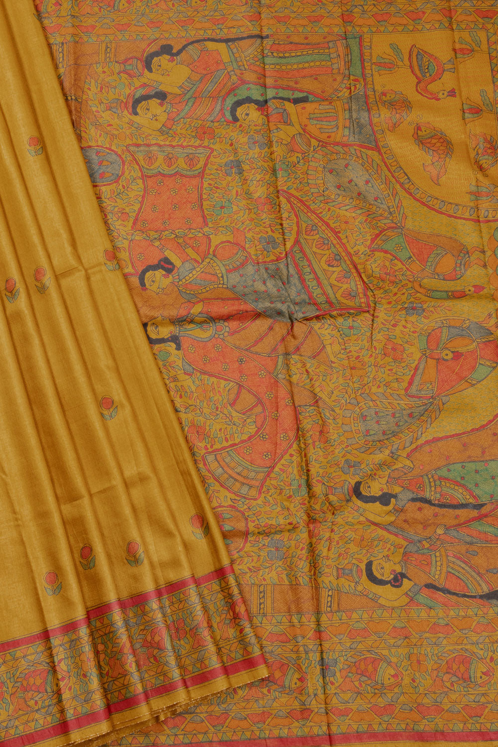 Yellow Hand Painted Madhubani Tussar Silk Saree 10072733