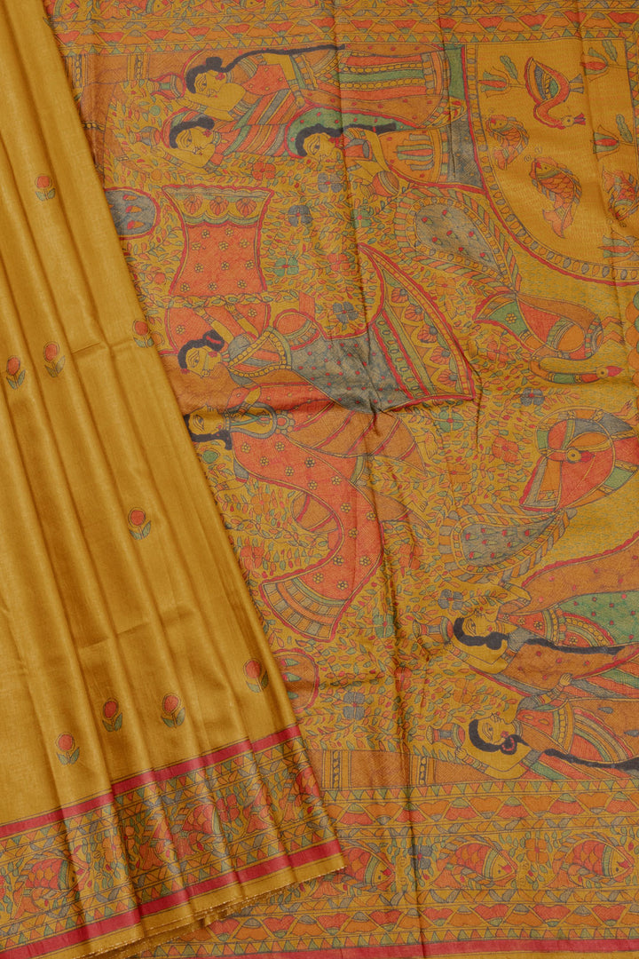 Yellow Hand Painted Madhubani Tussar Silk Saree 10072733