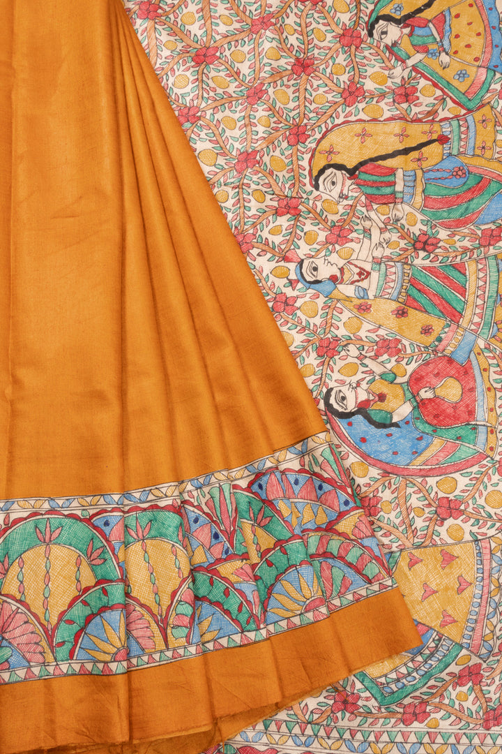 Yellow Hand Painted Madhubani Tussar Silk Saree 10072734