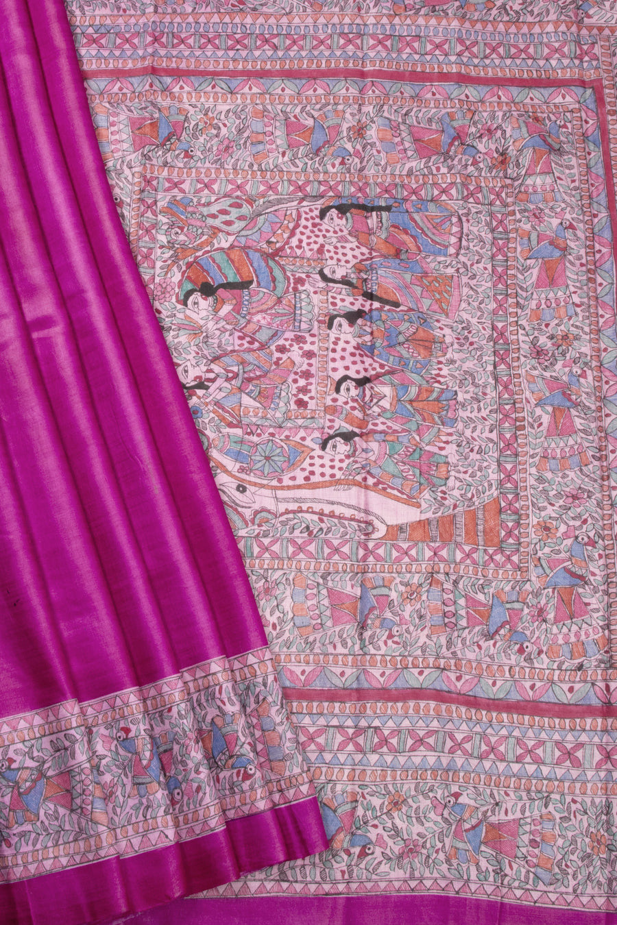 Pink Hand Painted Madhubani Tissue Silk Saree 10072735