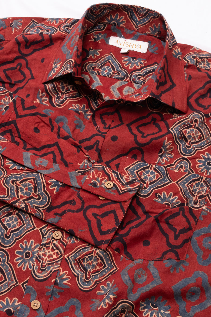 Red Full Sleeve Ajrakh Printed Cotton Mens Shirt 10073164