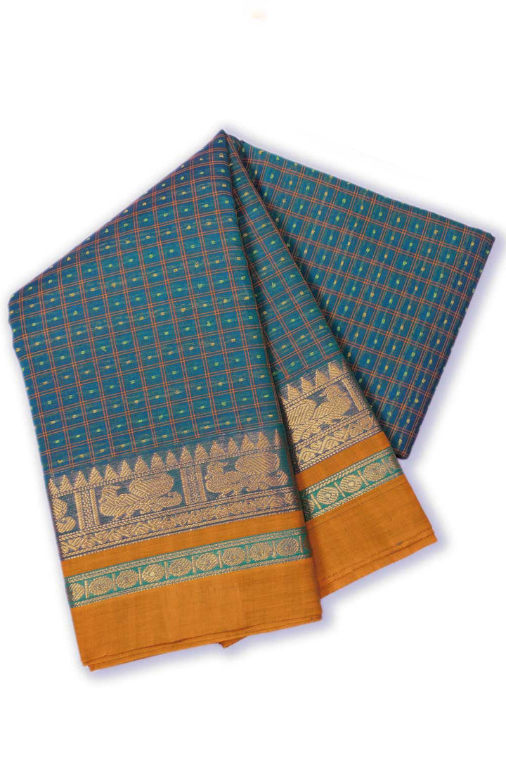 Peacock Blue Thousand Buttas Chettinad Cotton Saree 10073625