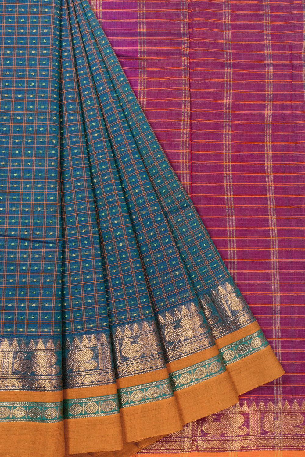 Peacock Blue Thousand Buttas Chettinad Cotton Saree 10073625