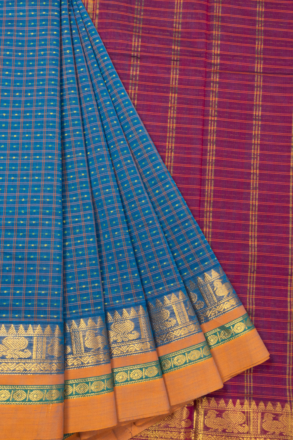 Lapis Blue Thousand Buttas Chettinad Cotton Saree 10073622