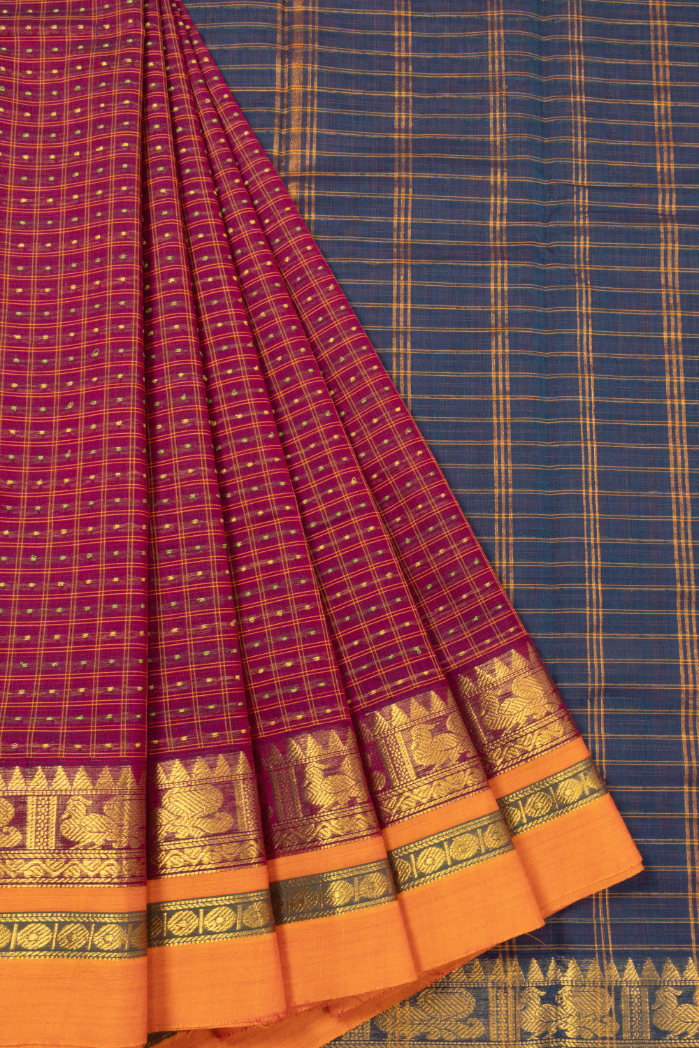 Tuscan Red Thousand Buttas Chettinad Cotton Saree 10073624