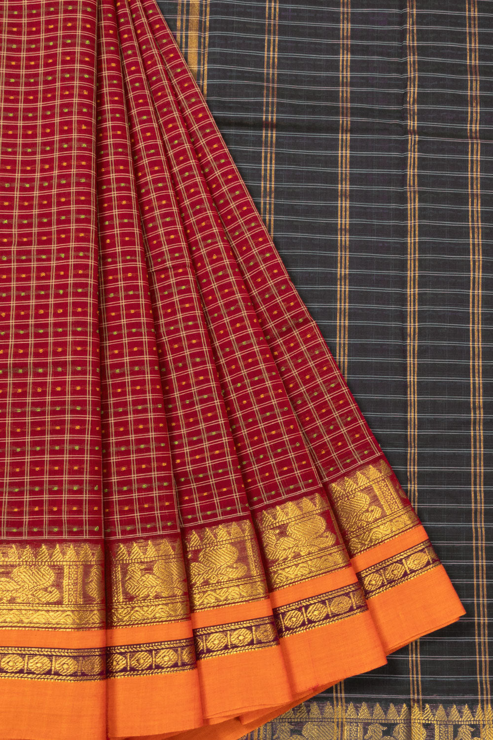 Brick Red Thousand Buttas Chettinad Cotton Saree 10073617