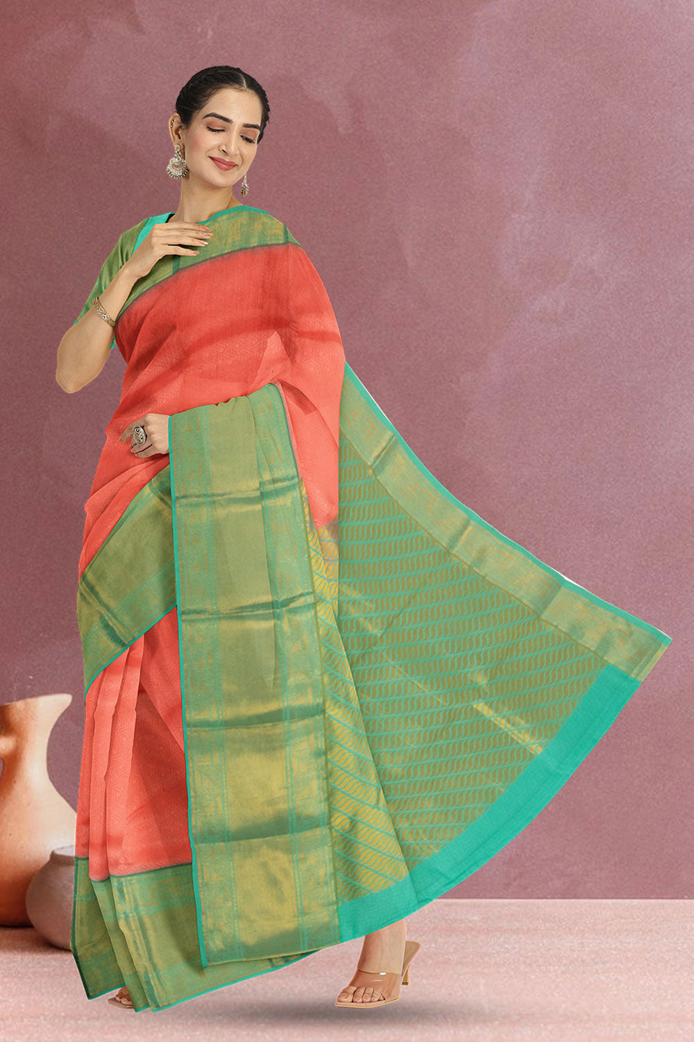 Peach Handloom Kanjivaram Silk Saree 10073838