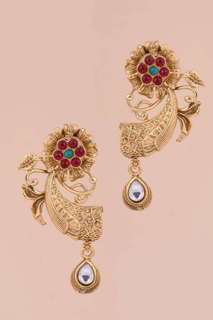 Gold Plated Chandbali Earring With Floral Motif