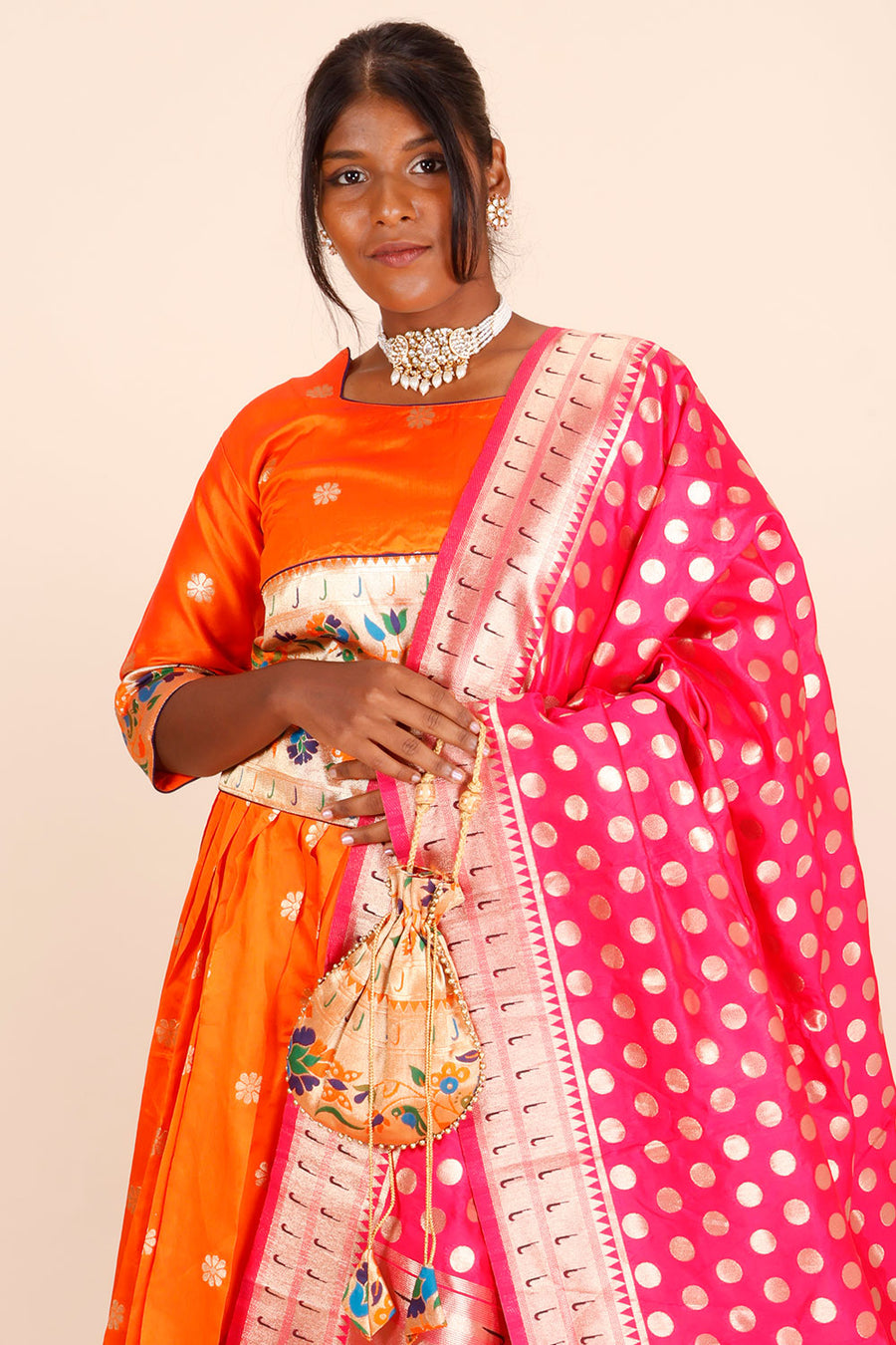 Orange Handcrafted Paithani Lehenga-Avishya