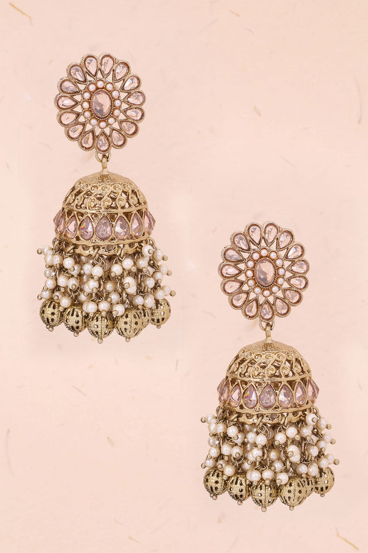 Handcrafted Peach Stones Cluster Beads Drop Jhumka Earrings 10069657 - Avishya