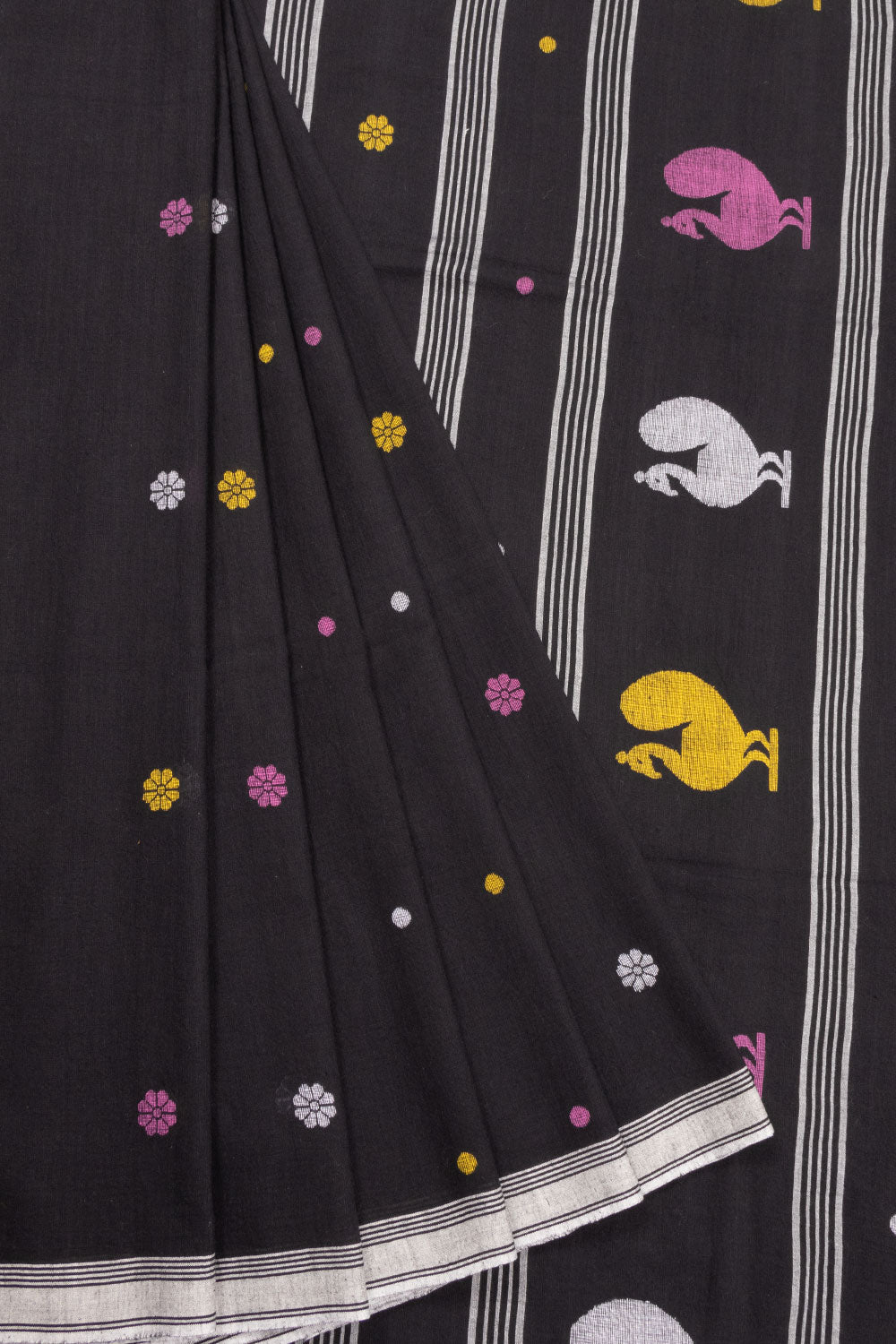 Black Handspun And Handwoven Jamdani Cotton Saree