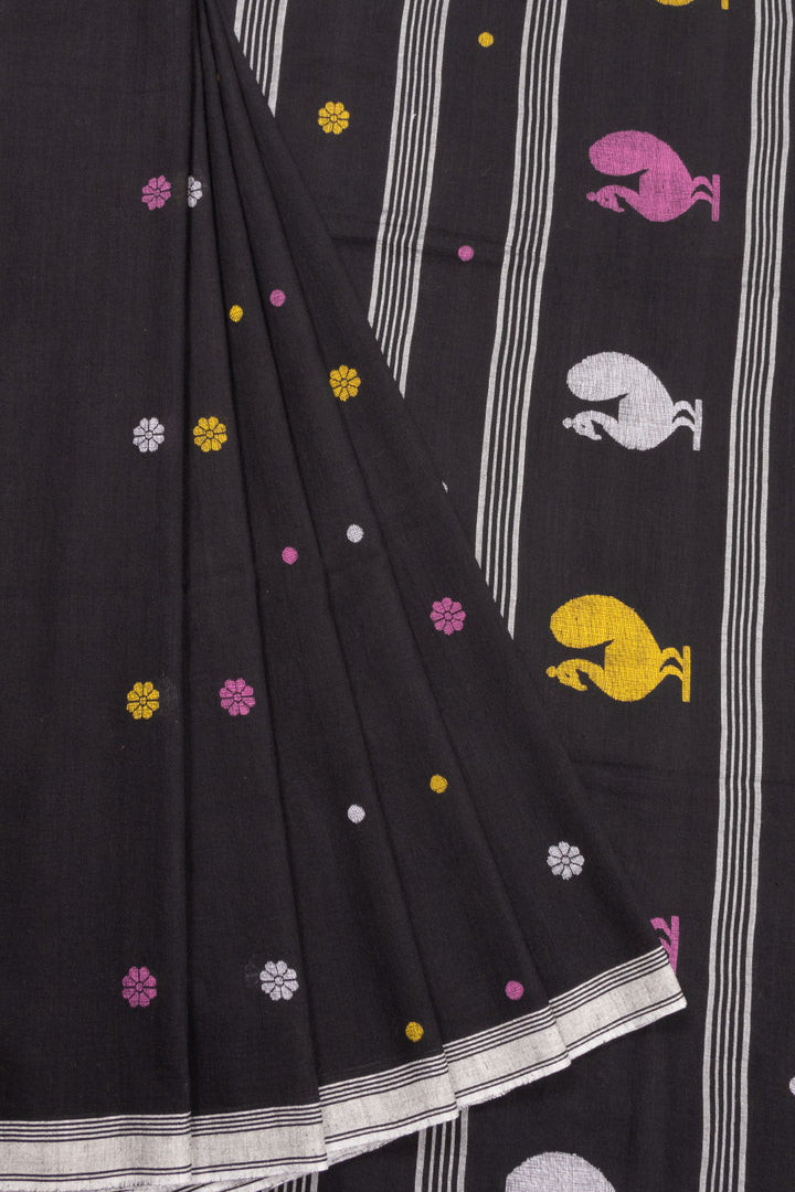 Black Handspun And Handwoven Jamdani Cotton Saree