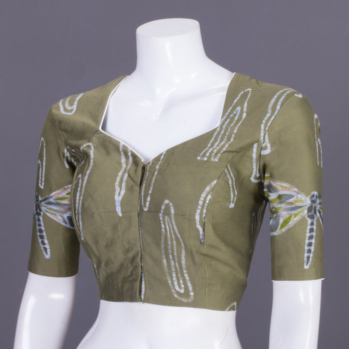 Olive Green Batik Handpainted Cotton Blouse-Avishya