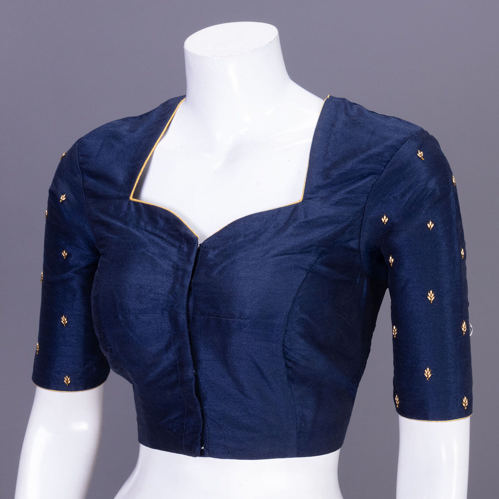 Navy Blue Aari Embroidered  Tussar Silk Blouse