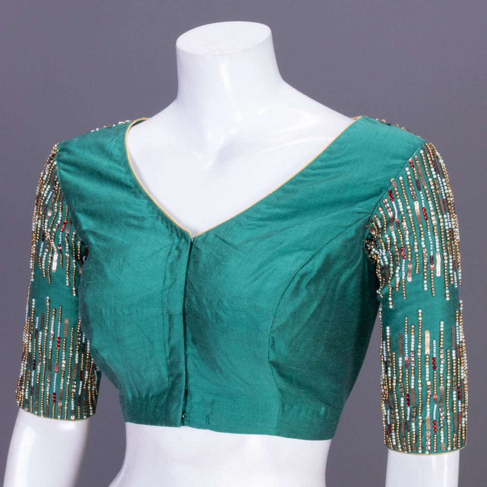 Teal Green Aari Embroidered Tussar Silk Blouse