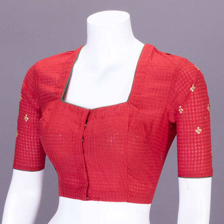 Red Slub Cotton Embroidered Blouse