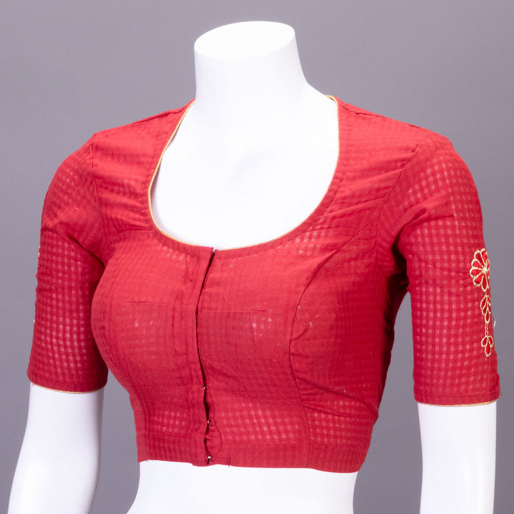 Red Slub Cotton Embroidered Blouse