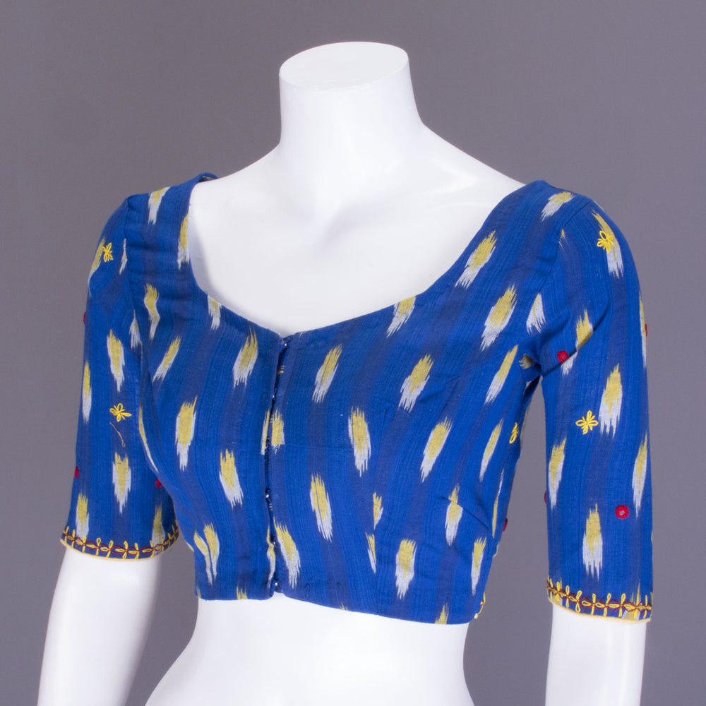 Azure Blue Mirror Work Embroidered Ikat Cotton Blouse 10070832