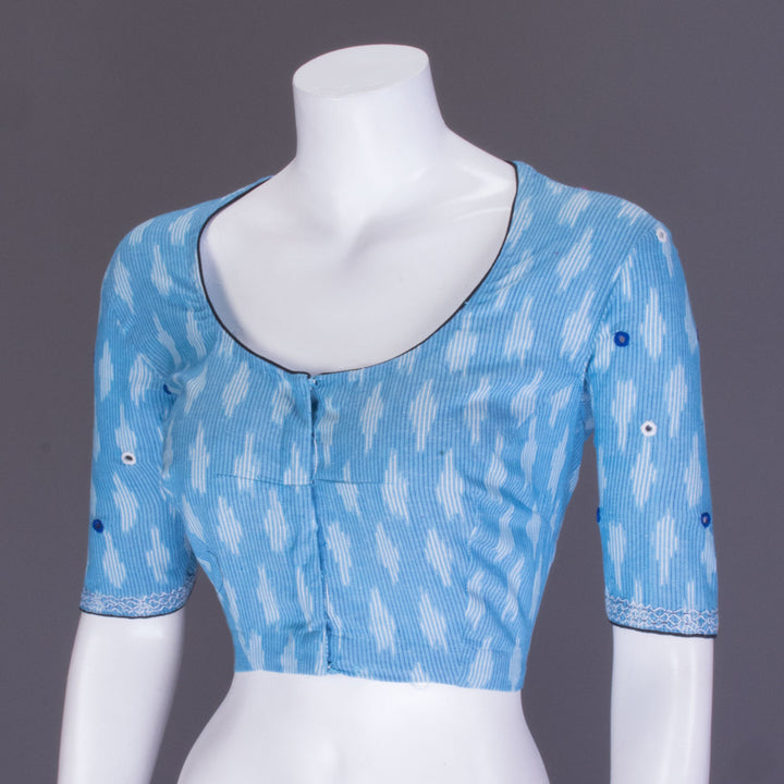 Blue Mirror Work Embroidered Ikat Cotton Blouse 10070834