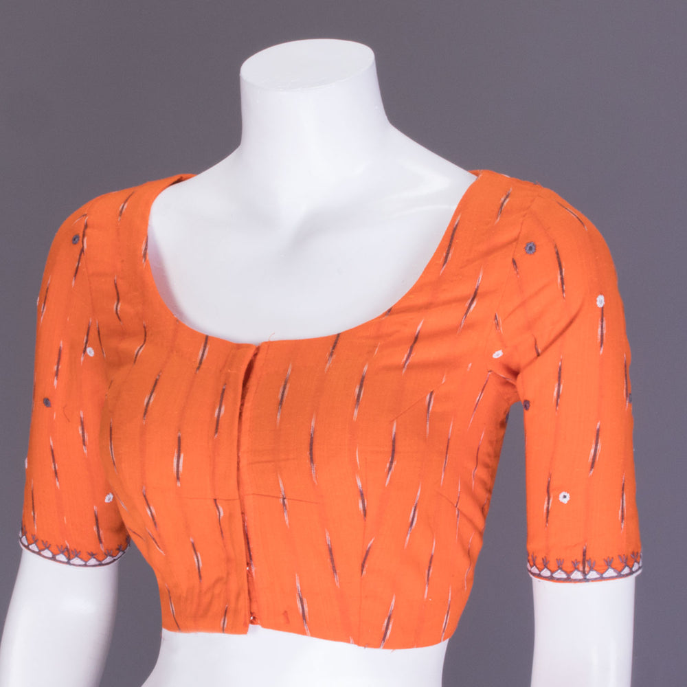 Orange Mirror Work Embroidered Ikat Cotton Blouse 10070835