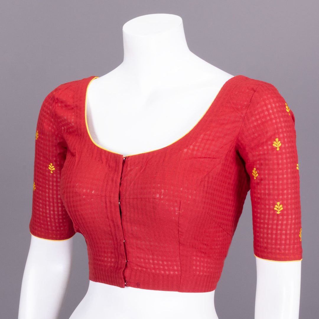 Red Slub Cotton Embroidered Blouse 