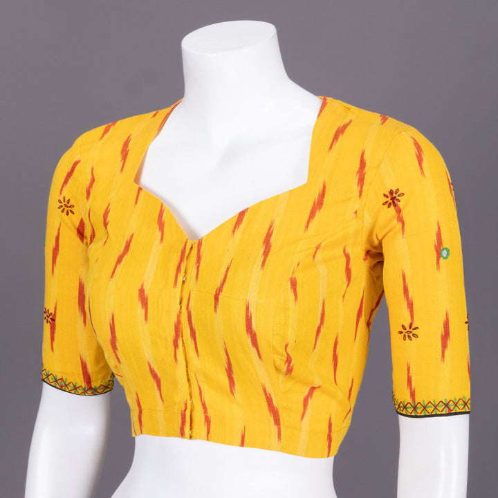 Yellow Ikat Mirror Work Embroidered Cotton Blouse