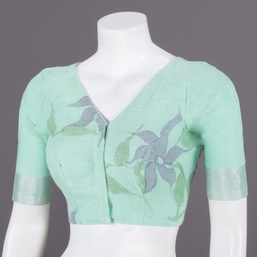 Pista Green Hand Block Printed Linen Blouse 