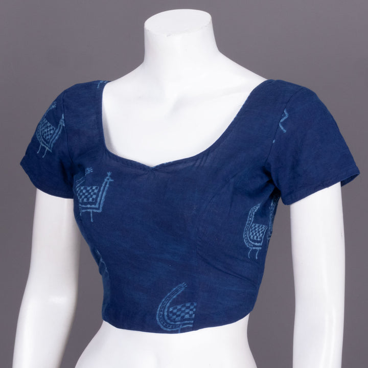 Blue Handprinted Indigo Cotton Blouse 10072463