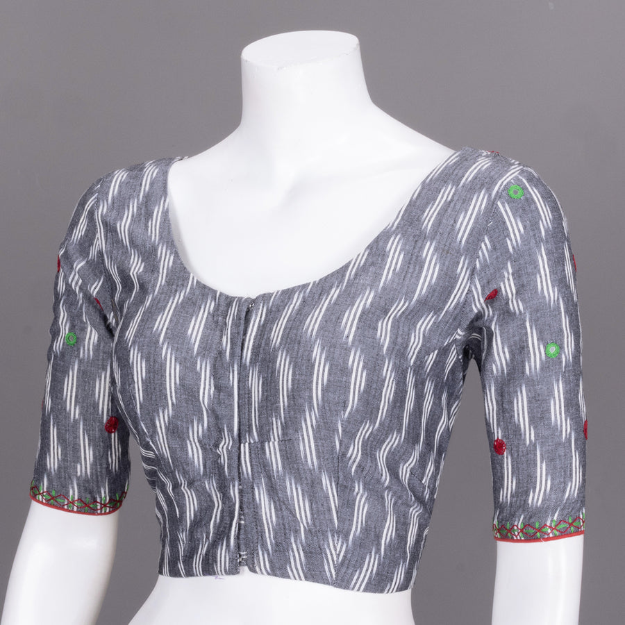 Grey Ikat Mirror Work Embroidered Cotton Blouse 10072476