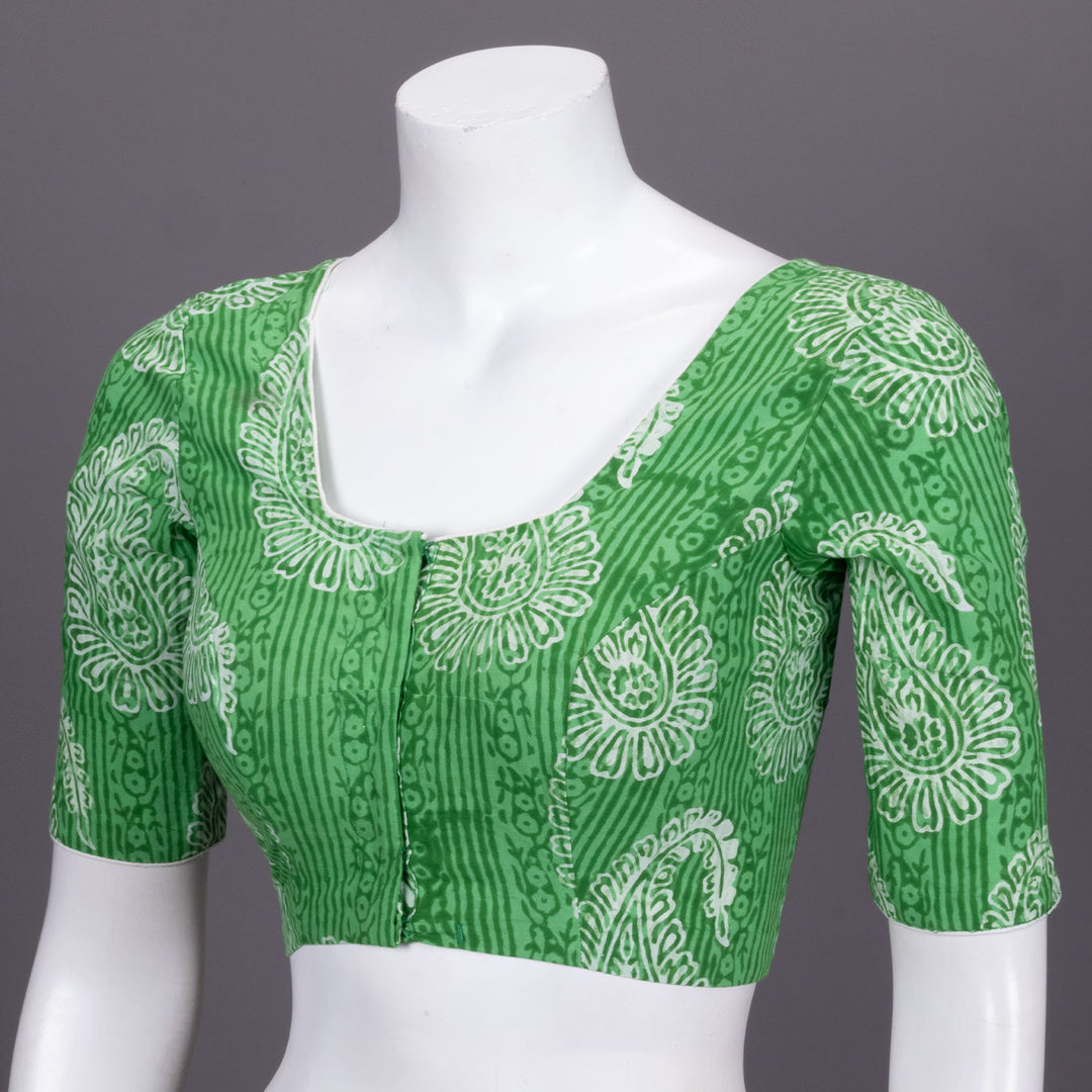 Green Hand Block Printed cotton Blouse 10072511