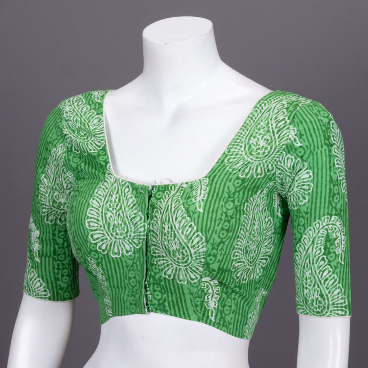 Green Hand Block Printed cotton Blouse 10072512