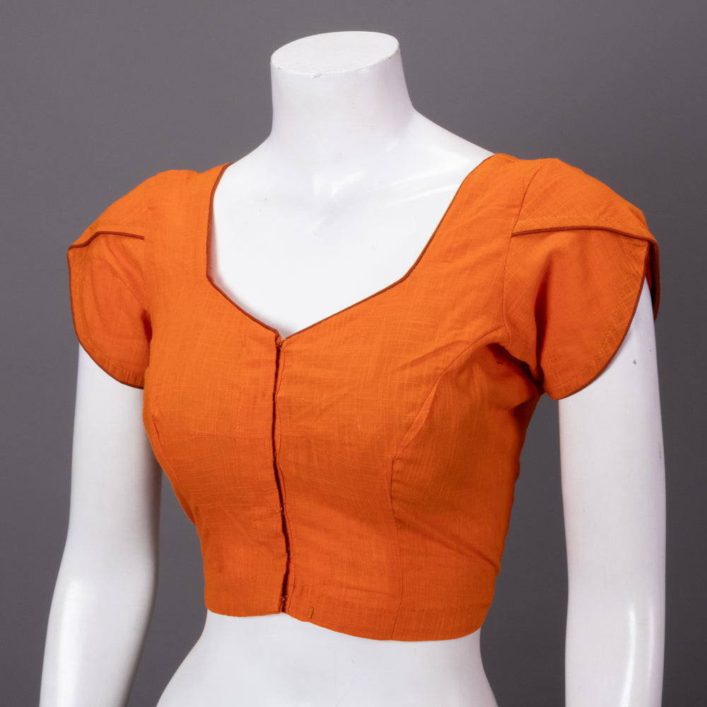 Orange Handcrafted Slub Cotton Solid Style Blouse 10073188