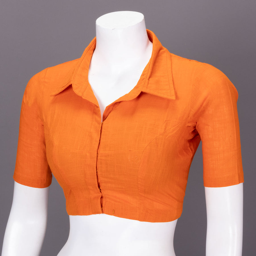 Orange Handcrafted Slub Cotton Solid Style Blouse 10073198