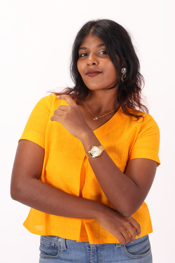 Yellow Handcrafted Slub Cotton Crop Top 10073247