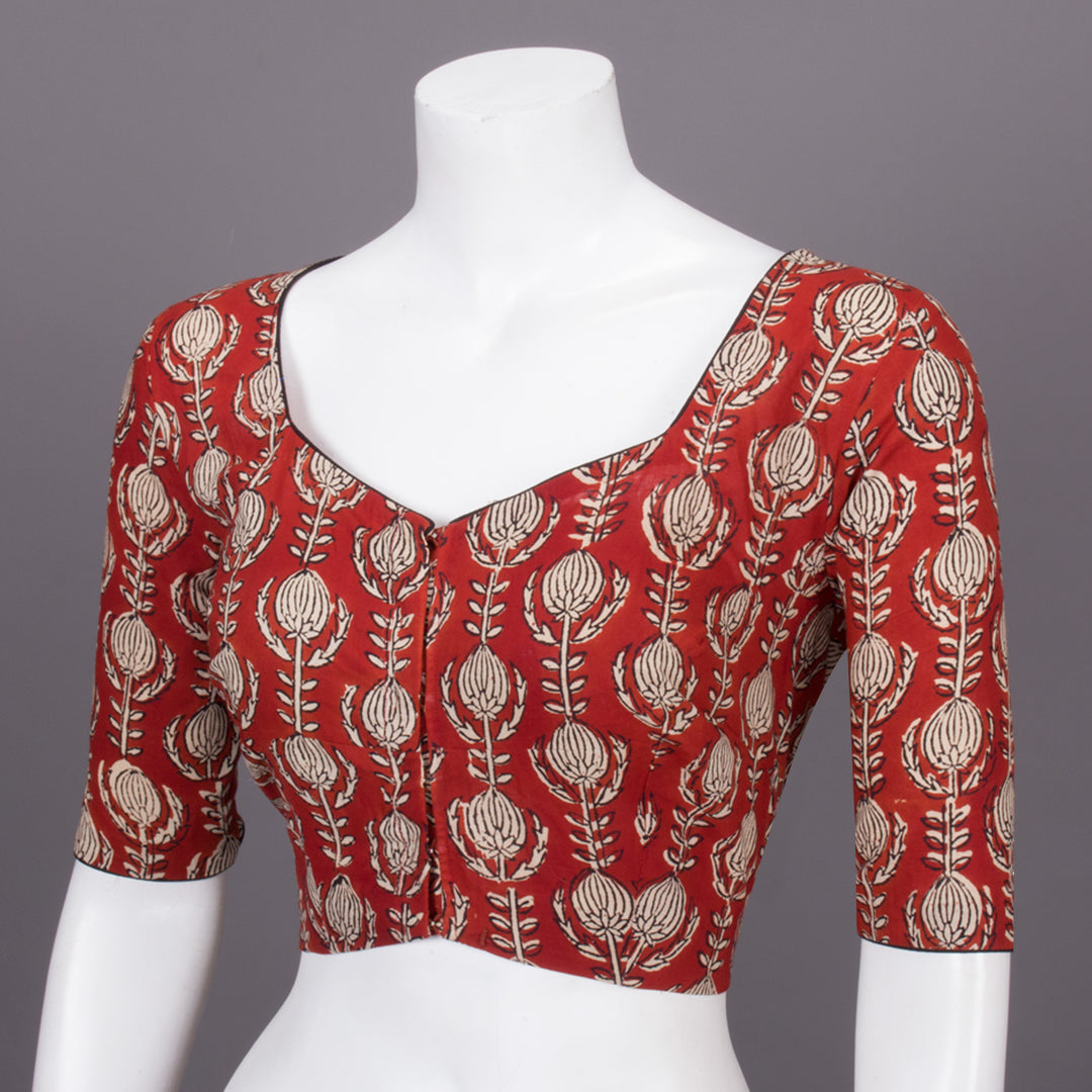 Red Hand Block Printed Cotton Blouse 10073301