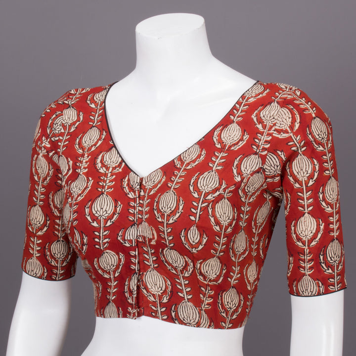 Red Hand Block Printed Cotton Blouse 10073302