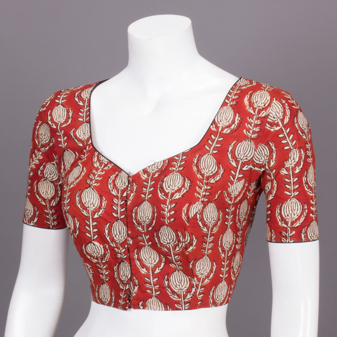 Red Hand Block Printed Cotton Blouse 10073304