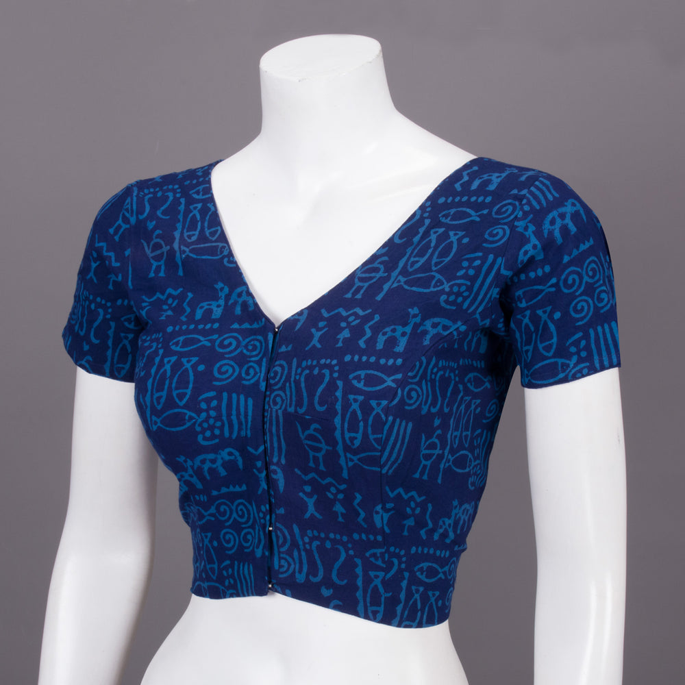 Blue Hand Block Printed Cotton Blouse 10073312