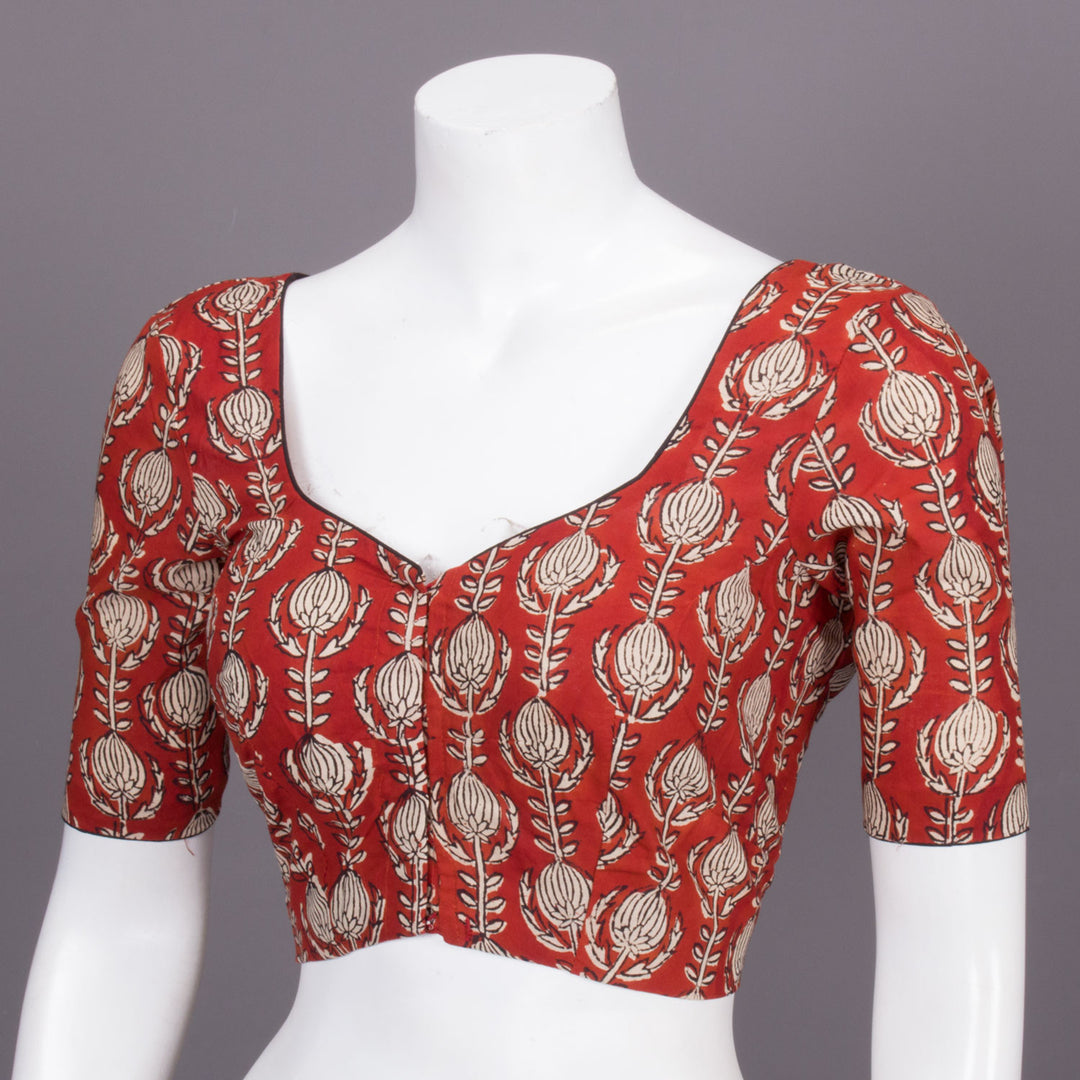 Red Hand Block Printed Cotton Blouse 10073313